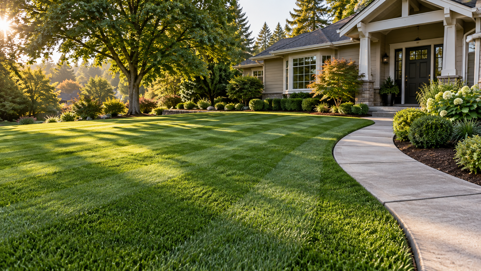 Freshly mowed lawn with clean stripes and edging